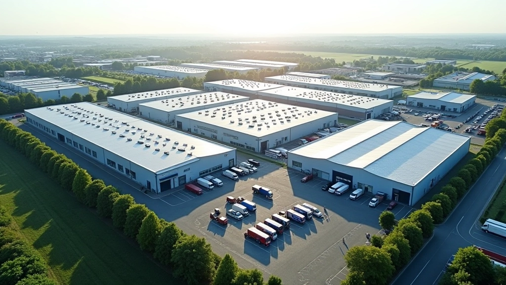 Luftaufnahme eines modernen Gewerbegebiets mit organisierten Fabrikgebäuden, grünen Flächen und Infrastruktur