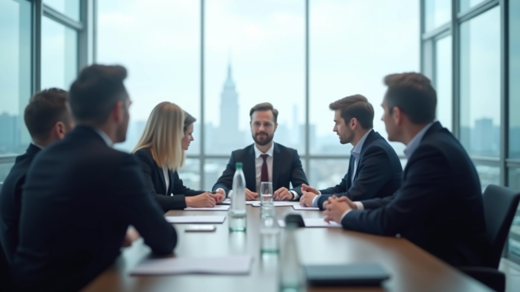 Geschäftstreffen in modernem Konferenzraum, Führungskräfte diskutieren an Tisch, Fenster mit Stadtblick, professionelle Atmosphäre