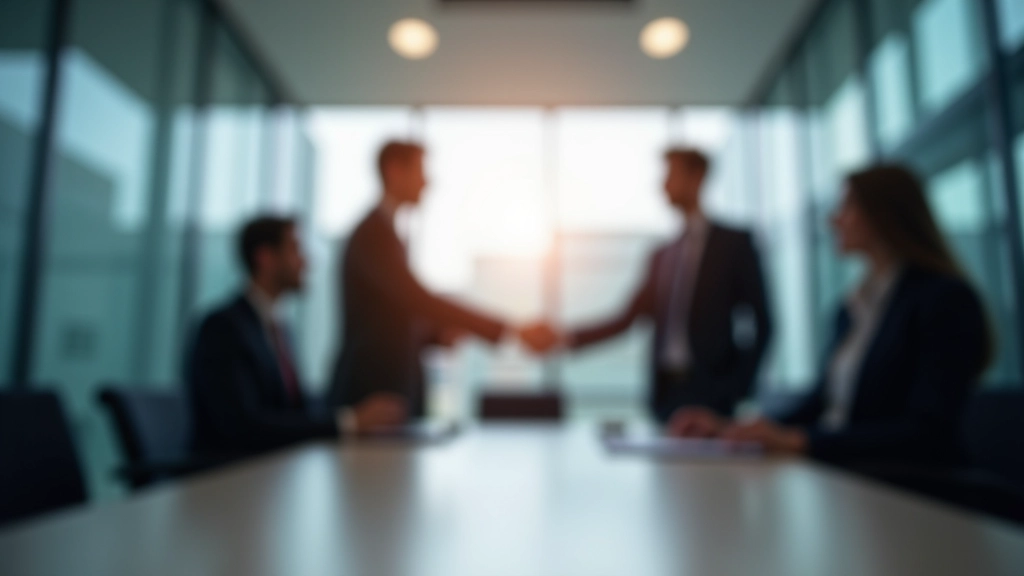 Geschäftsmenschen in modernem Konferenzzimmer, Handschlag und Zusammenarbeit, professionelle Umgebung, Glaswände