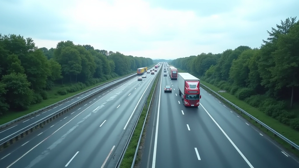 Autobahn mit Lastwagen und Verkehr, mehrspurig, deutsche Infrastruktur, Tagsüber mit bewölktem Himmel