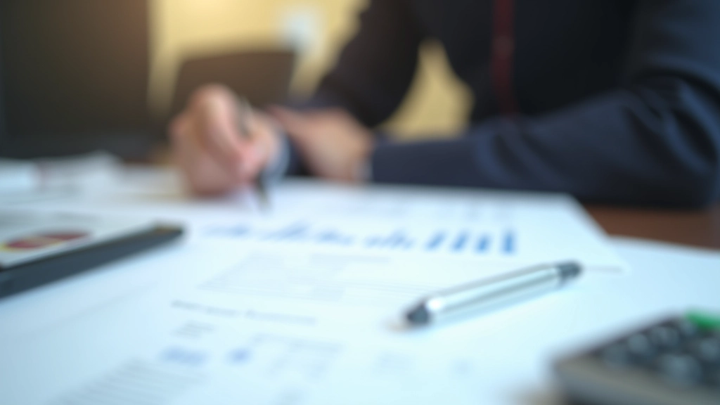 Finanzanalyse mit Dokumenten, Stift und Rechner, Schreibtisch mit Geschäftsunterlagen, Investitionsplanung und Finanzmanagement