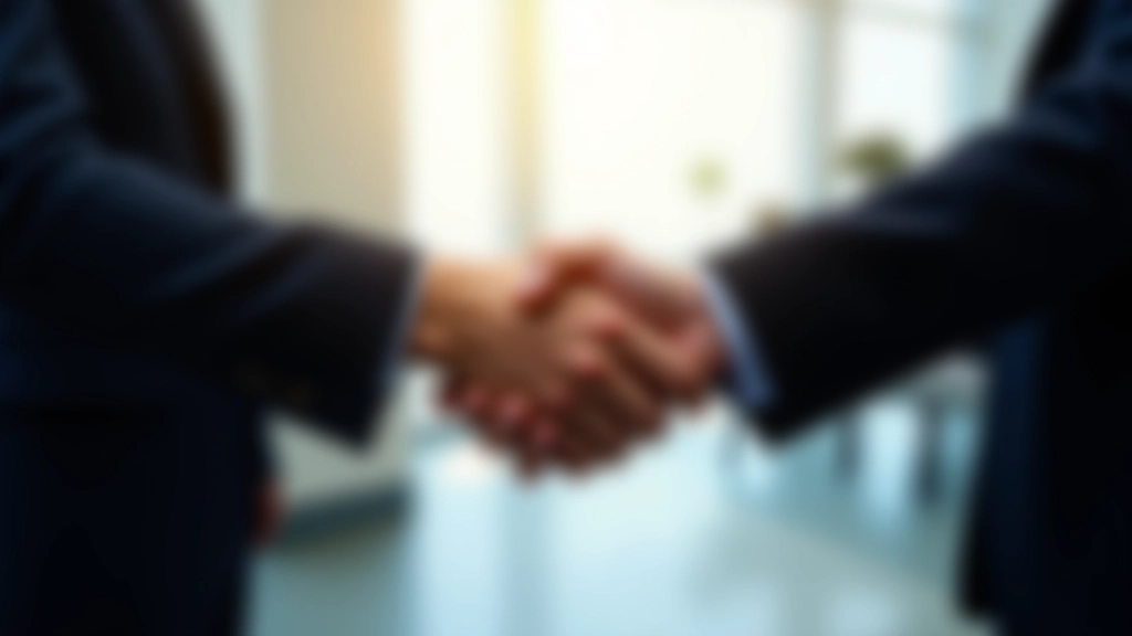 Handschlag zwischen Geschäftspartnern, zwei Profis in Anzügen, Büro-Hintergrund, Vertrauen und Vereinbarung symbolisiert