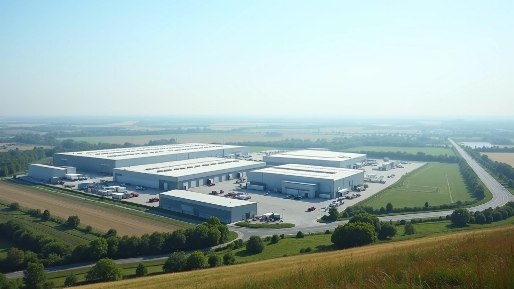 Industriegebiet mit mehreren Fabrikgebäuden, Lagerhallen und Logistikflächen, großer Himmel, ländliche Industrielandschaft