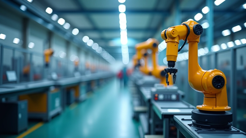 Produktionshalle mit Fließband und Automatisierung, Roboter in der Fertigung, moderne Fabrik Technologie, LED Beleuchtung