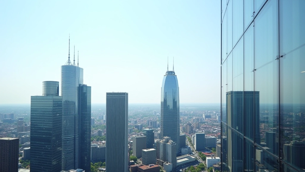Moderne Skyline einer deutschen Großstadt mit Wolkenkratzern, Geschäftsviertel, Glasfassaden und urbaner Wirtschaftslandschaft