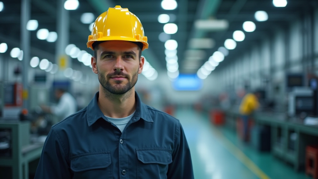 Industrielle Produktionshalle mit moderner Technologie, Fabrikgelände, Arbeiter in Sicherheitsausrüstung