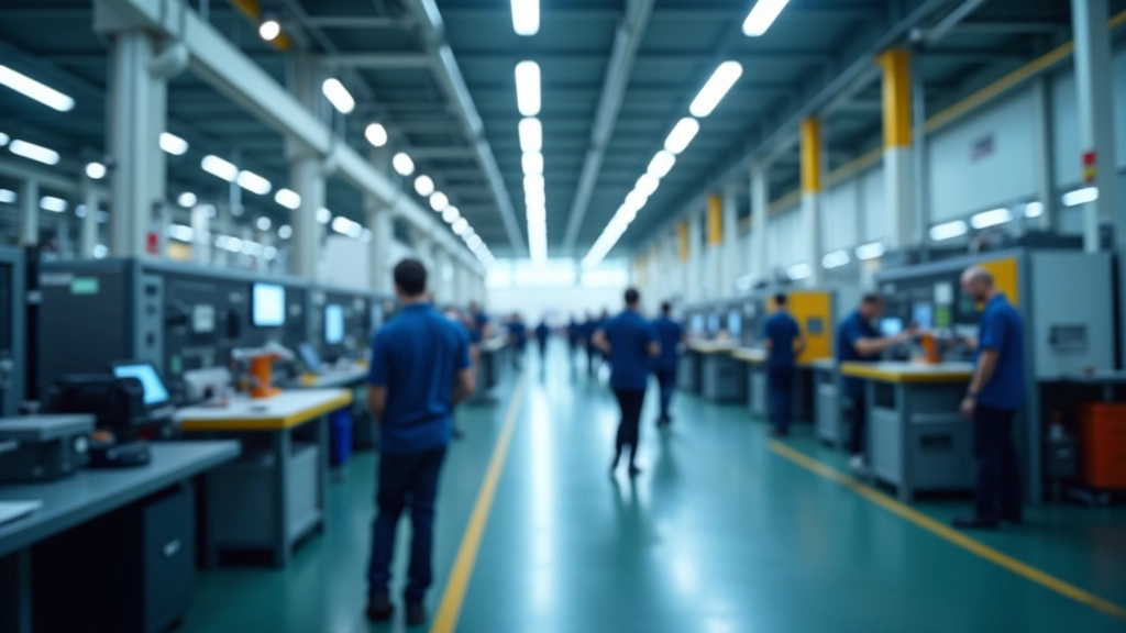 Industrielle Fertigungsstätte mit modernen Maschinen, Fabrikfloor mit Arbeitern, helle Beleuchtung, moderne Produktionsanlage