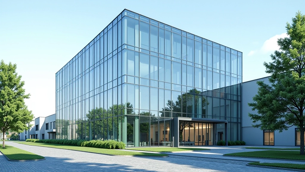 Modernes Bürogebäude mit großen Glasfenstern, Unternehmenshauptquartier, helles Tageslicht, urbane Geschätsumgebung