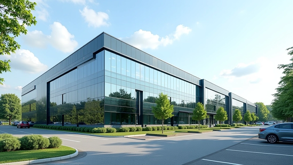 Bürogebäude in modernem Industriepark mit Glasfassade, grünen Bereichen und professioneller Infrastruktur