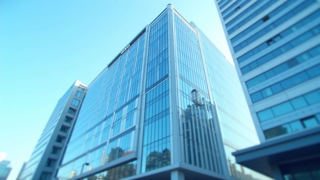 Moderner Geschäftsbau mit Glasfassade, blauer Himmel, professionelle Architektur, wirtschaftliches Zentrum