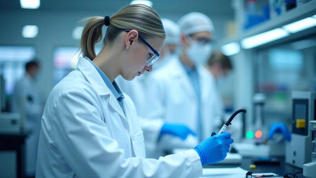 Forschungslabor mit Wissenschaftlern, High-Tech Geräte, Mikroskope, Messtechnik, moderne Ausstattung, konzentrierte Arbeit