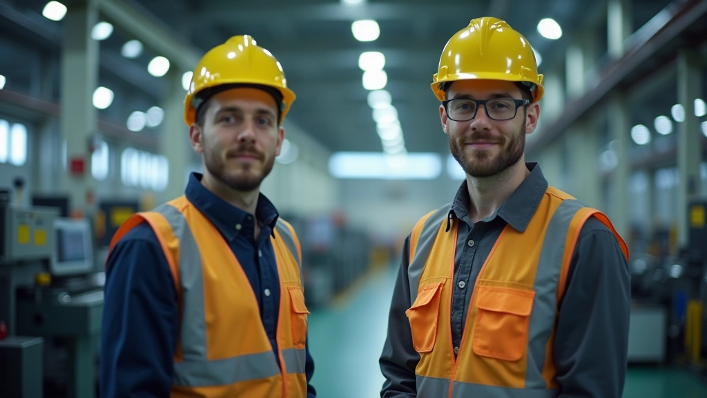 Arbeiter in Schutzausrüstung in moderner Fabrikhalle mit Maschinen und Fertigungsanlage, industrielle Umgebung, helle Beleuchtung